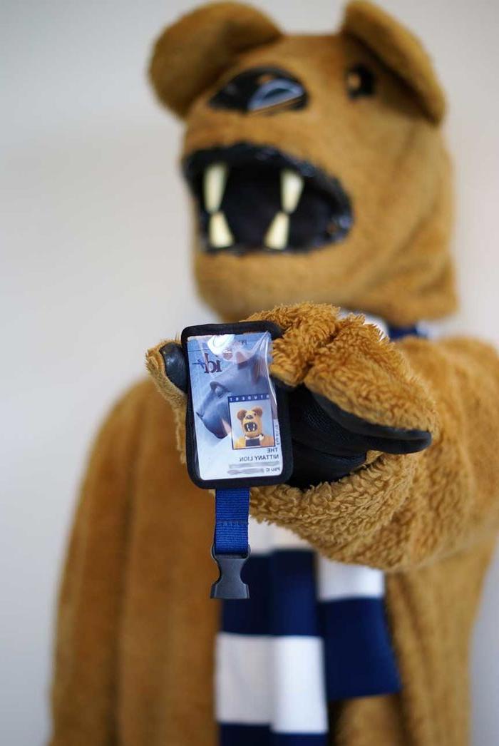 Nittany Lion mascot showing its id+ card